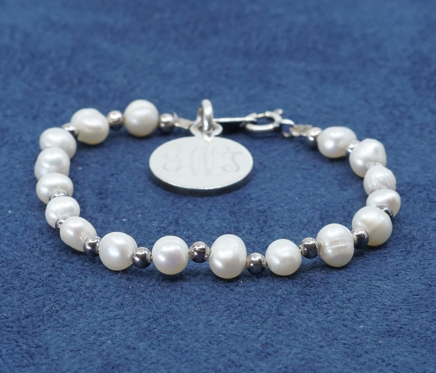 5.5", Sterling silver handmade bracelet 925 charm engraved monogram “JWJ” pearl