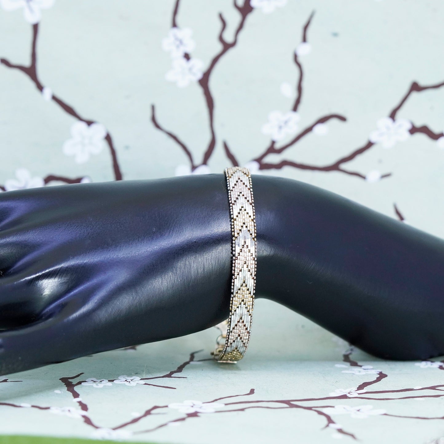 6.75”, Vintage two tone sterling silver herringbone bracelet, Riccio 925 chain