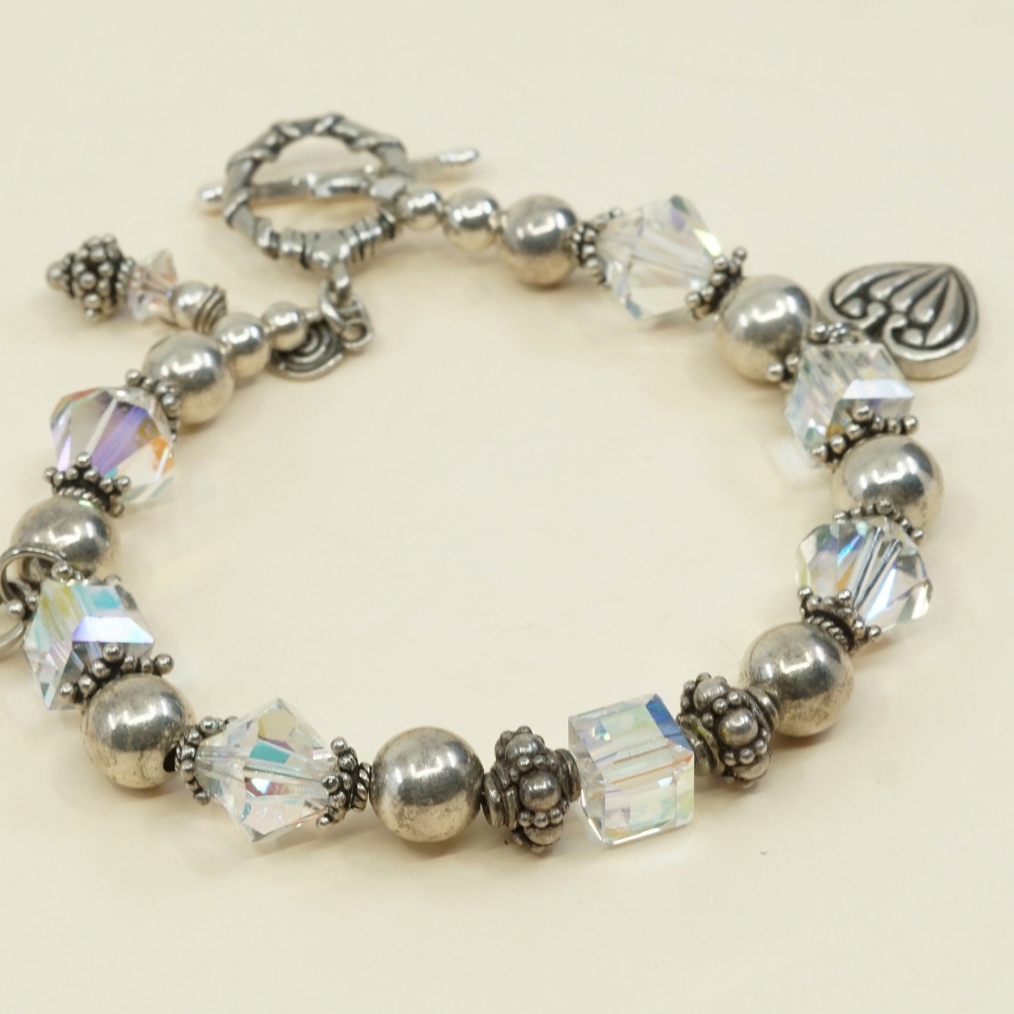 7", VTG Sterling silver handmade bracelet, 925 beads w/ crystal beads N heart