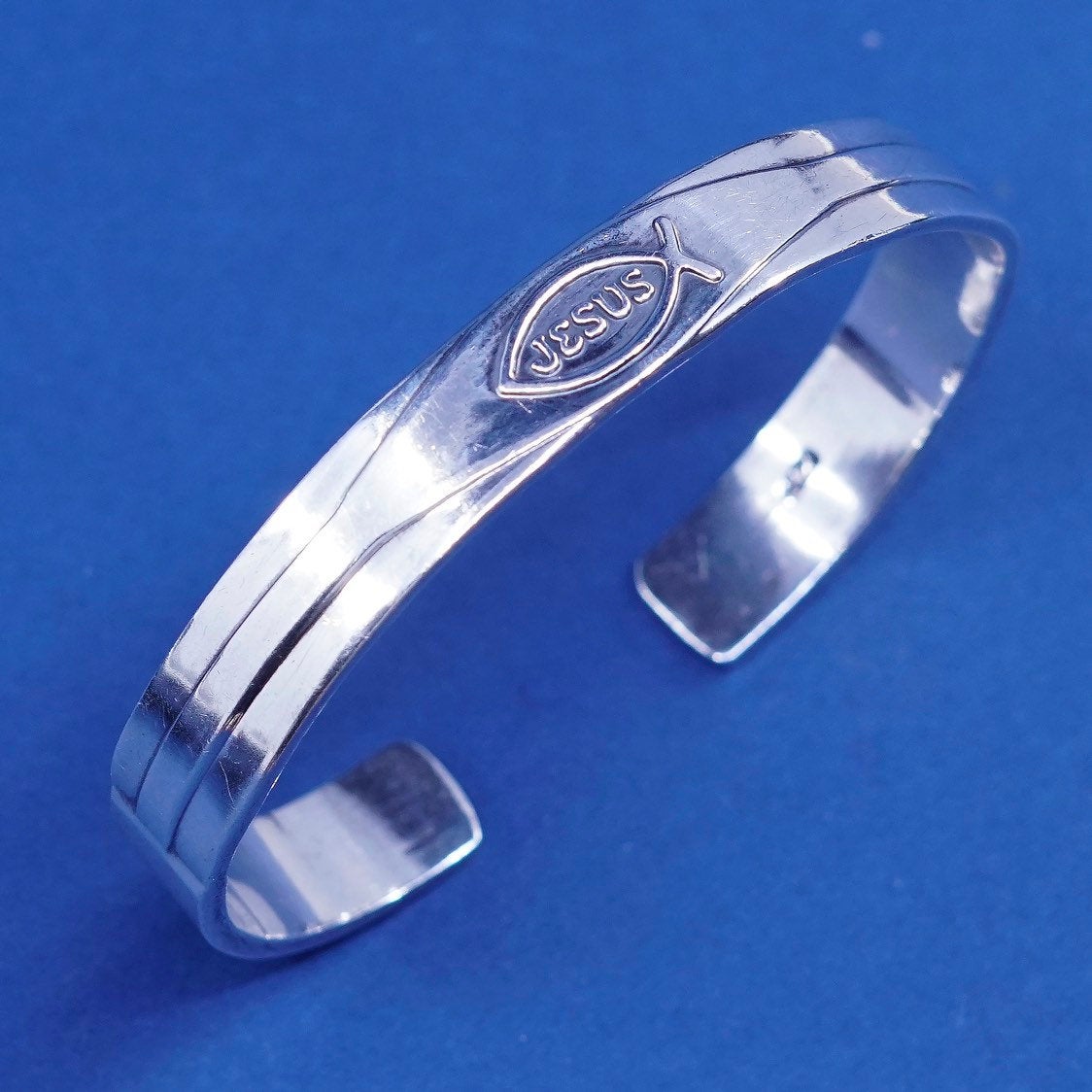 6.5", sterling silver handmade bracelet, Southwestern 925 cuff “Jesus” N fish