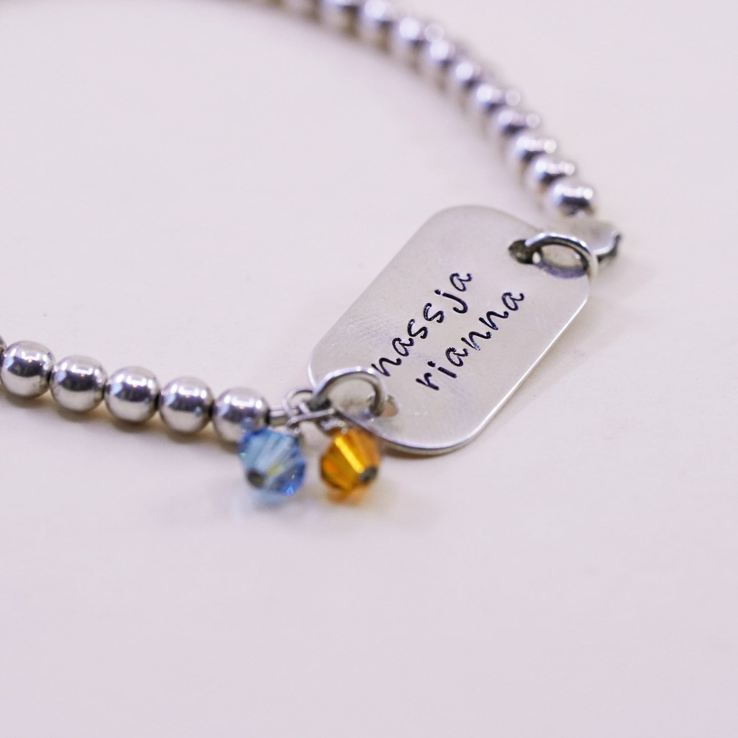 7.5” Sterling silver handmade bracelet, 925 bead chain name tag “nassja rianna”