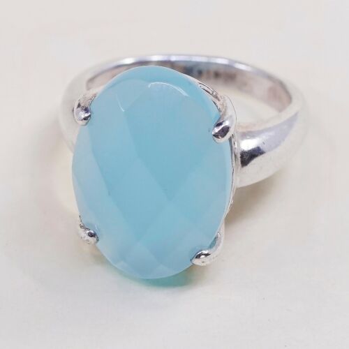 Sz 6.75, Vtg Sterling Silver Handmade Ring, 925 W/ Checker Cut Green chrysoprase
