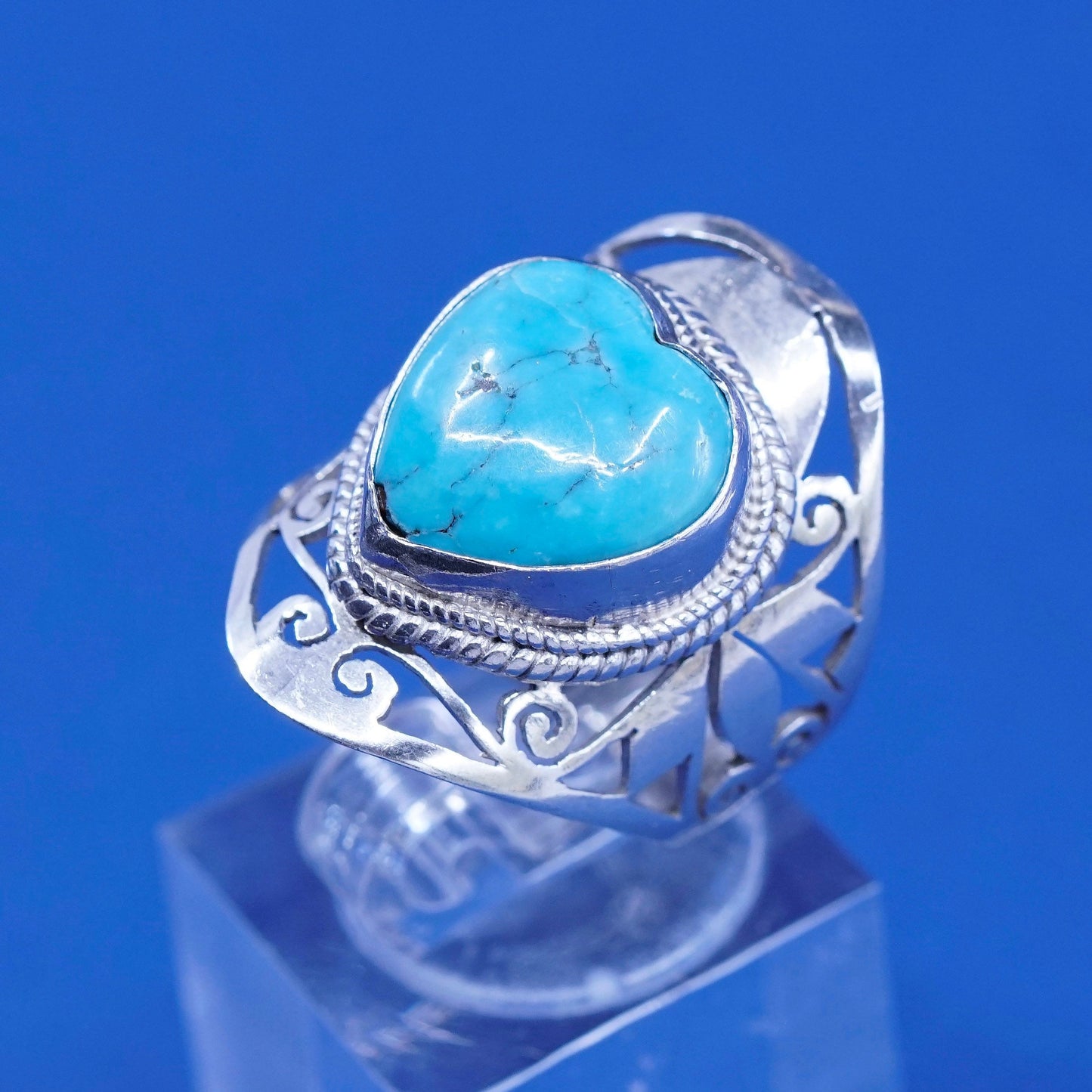 sz 7.5, Sterling 925 silver handmade ring w/ heart turquoise N swirl filigree