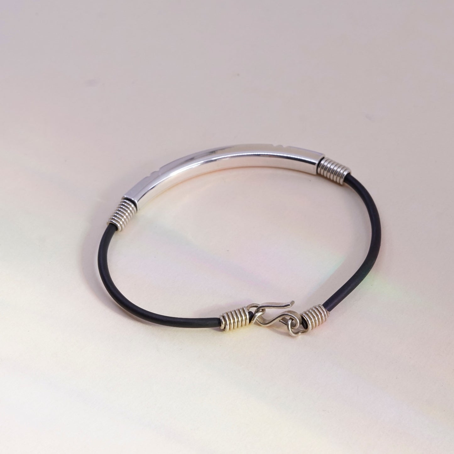 7”, Vintage black rubber chain with sterling 925 silver bar,