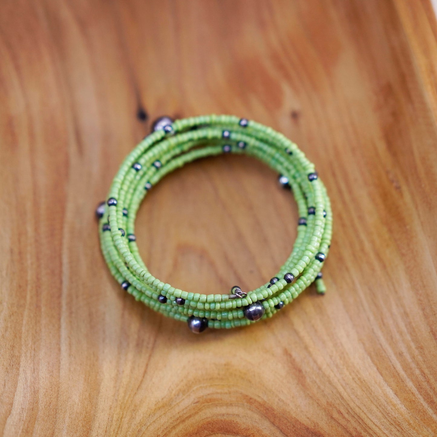 6” handmade green beads wrap around bangle bracelet sterling 925 silver beads