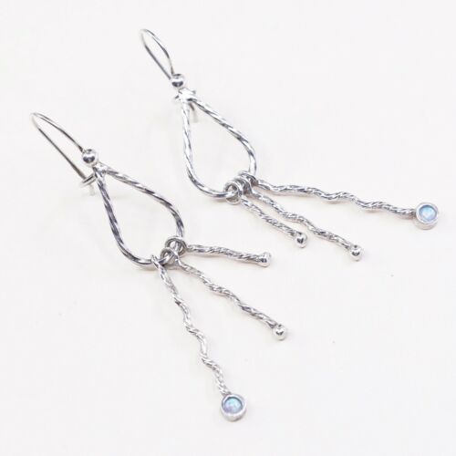 Vtg Sterling Silver Handmade Earrings, 925 Silver Fringe Dangle W/ Opal