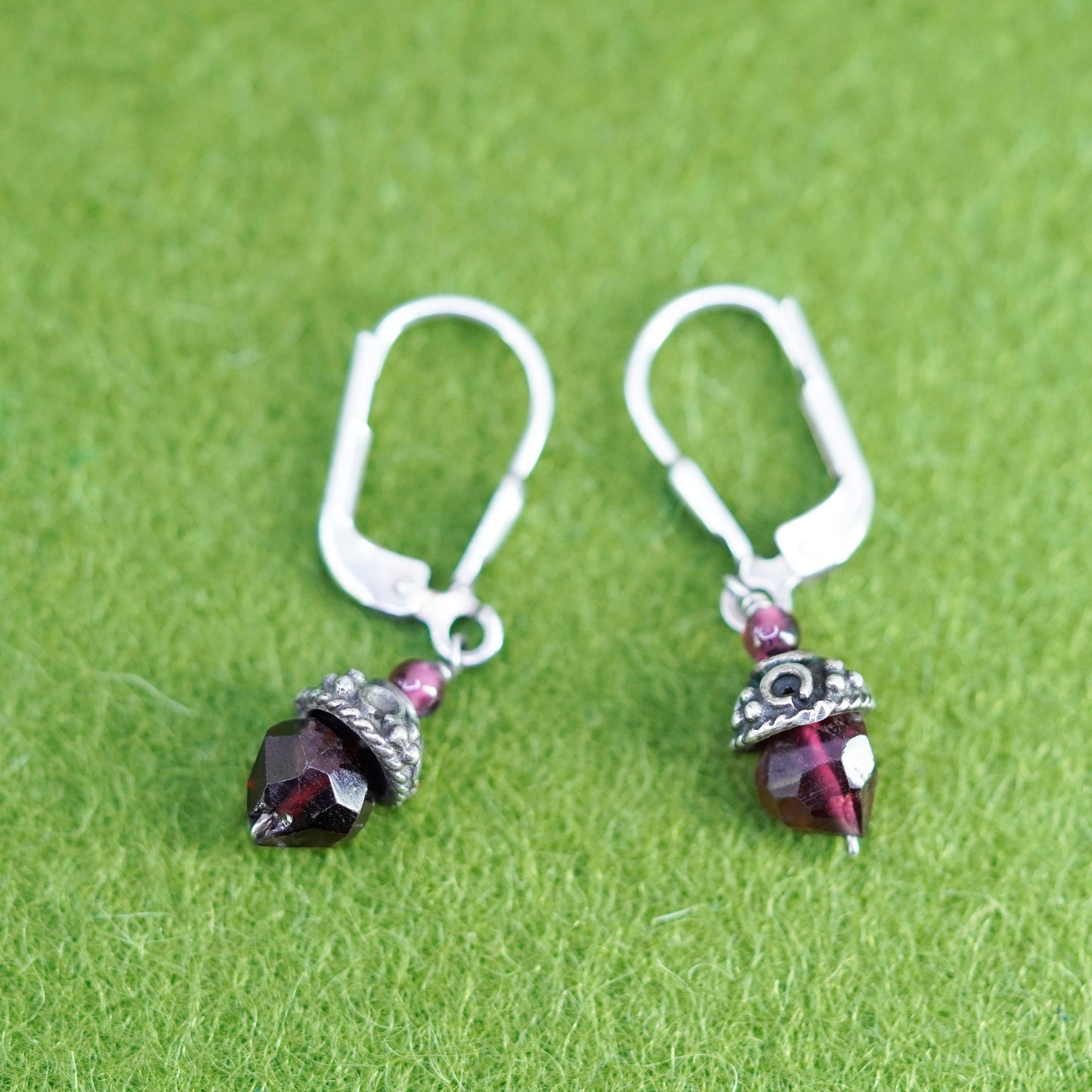 Vintage Sterling silver handmade earrings, 925 hooks with garnet beads