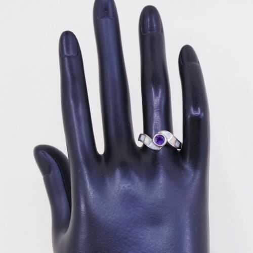 Sz 8.75, Vtg Sterling Silver Ring, 925 Silver Band W/ opal n amethyst