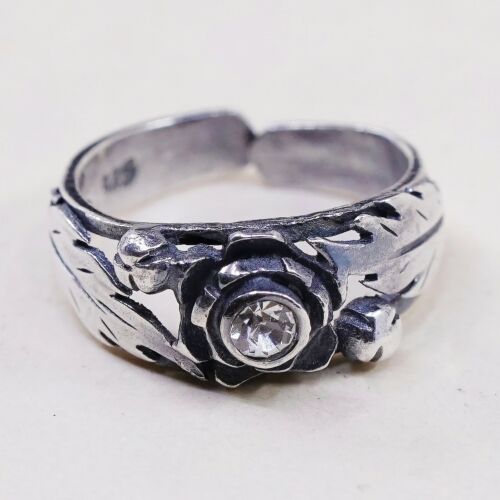 Size 2.25, Vintage Sterling 925 Silver Open Ring W/ Cz And Leaf Details