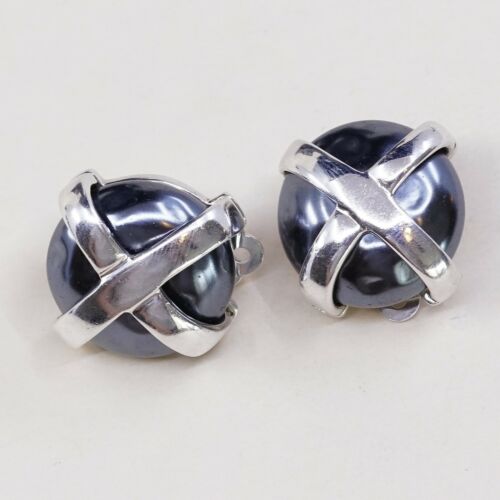 Vtg Carolee Sterling Silver Handmade Earrings,925 Clip On W/ Hematite N Cross