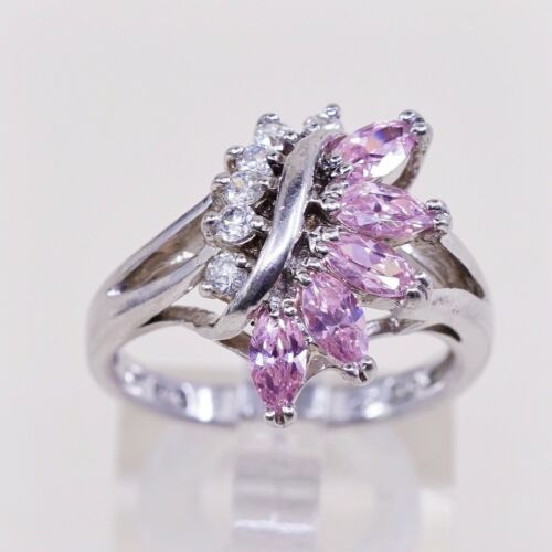 Sz 8.5, Vtg Sterling Silver Handmade Ring, 925 Silver Band W/ Cluster Pink Cz
