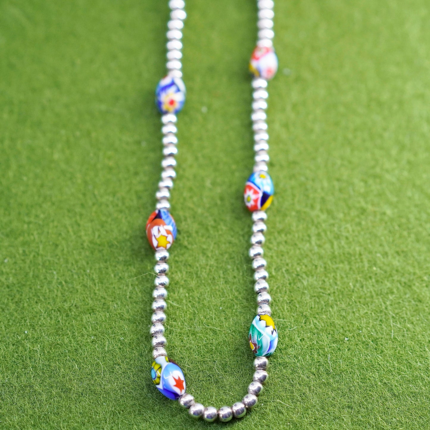 20”, Sterling silver handmade beaded chain necklace with Italian Murano glass