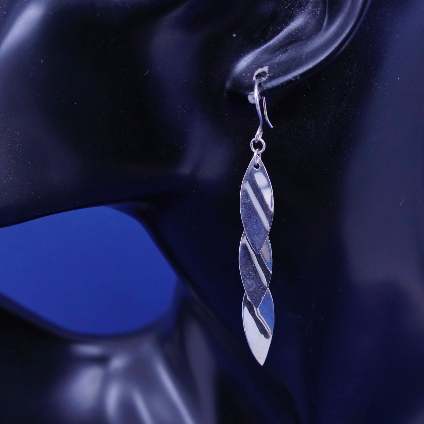 Vintage modern Sterling Silver long Earrings. 925 Marquise shaped dangle