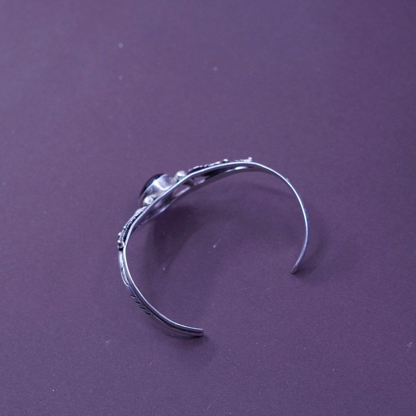 7”, Herbert Platero Navajo Sterling 925 silver bracelet cuff obsidian N leaves