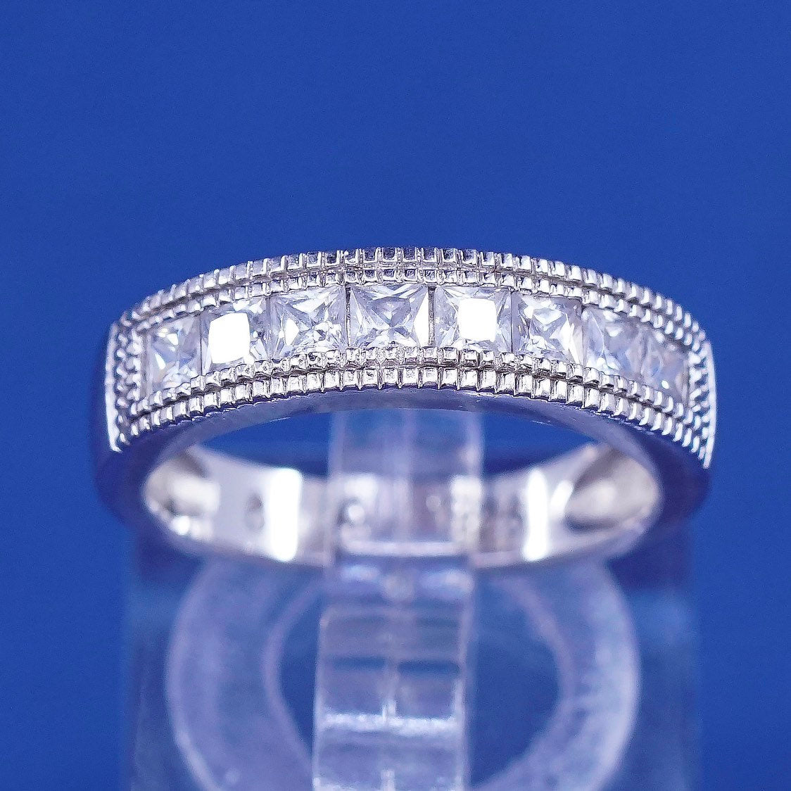 sz 6, vtg Sterling silver wedding ring, 925 band w/ clear crystal