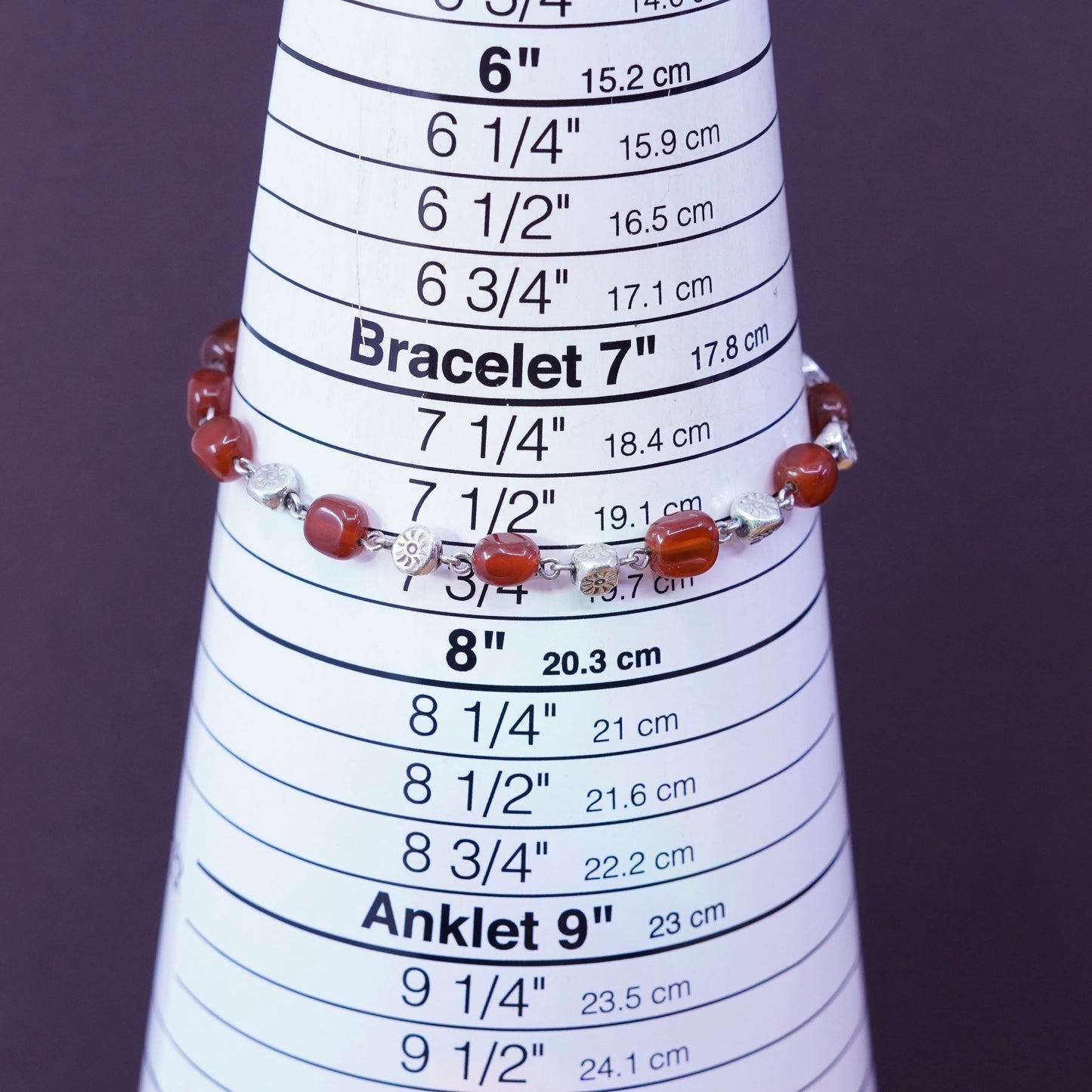 7.75”, vtg Sterling silver handmade garnet beads bracelet with toggle closure