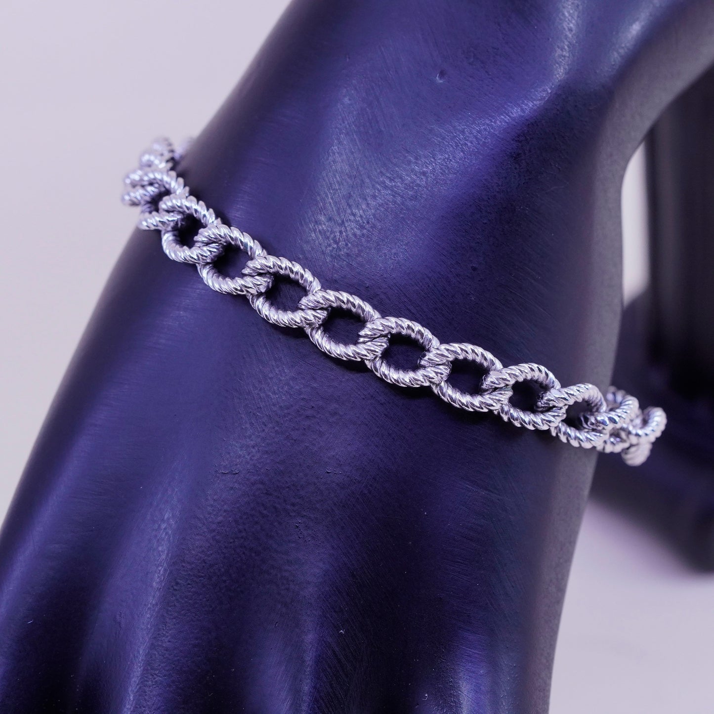 6.5”, 8mm, Vintage sterling 925 silver textured circle charm bracelet