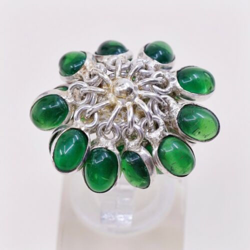 Sz 8.25, Vtg Sterling Silver Handmade Ring, 925 Flower W/ Green Cluster Glass
