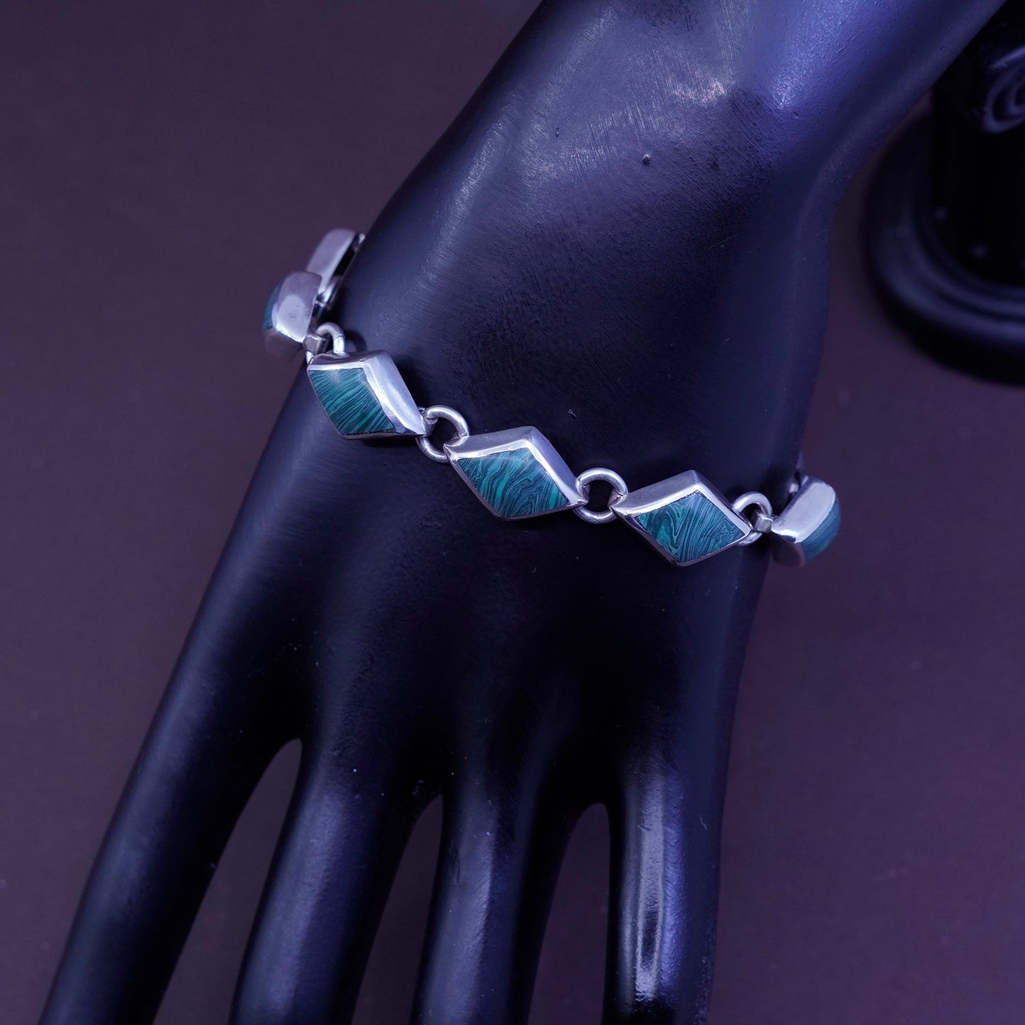 7”, vintage Sterling silver handmade bracelet, Mexico 925 link with malachite