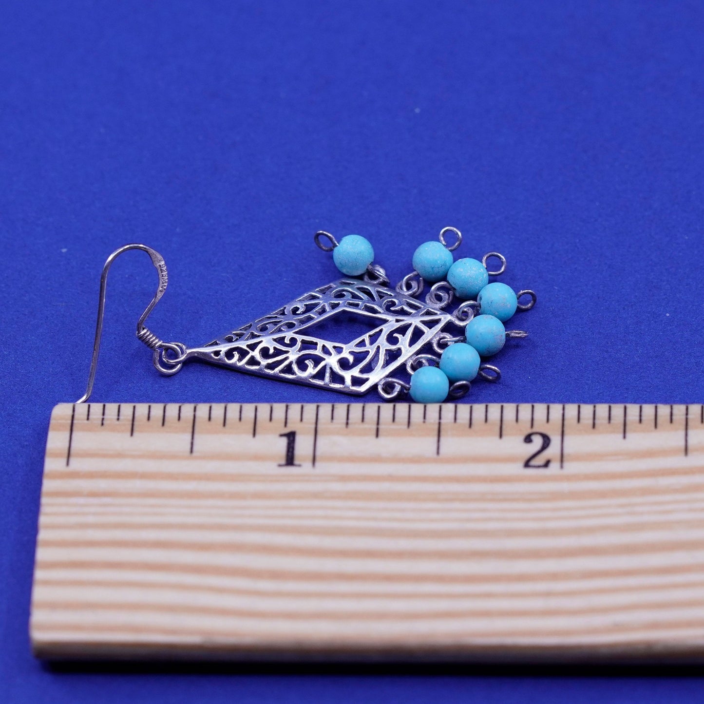 Native American Sterling silver earrings 925 filigree diamond turquoise cluster