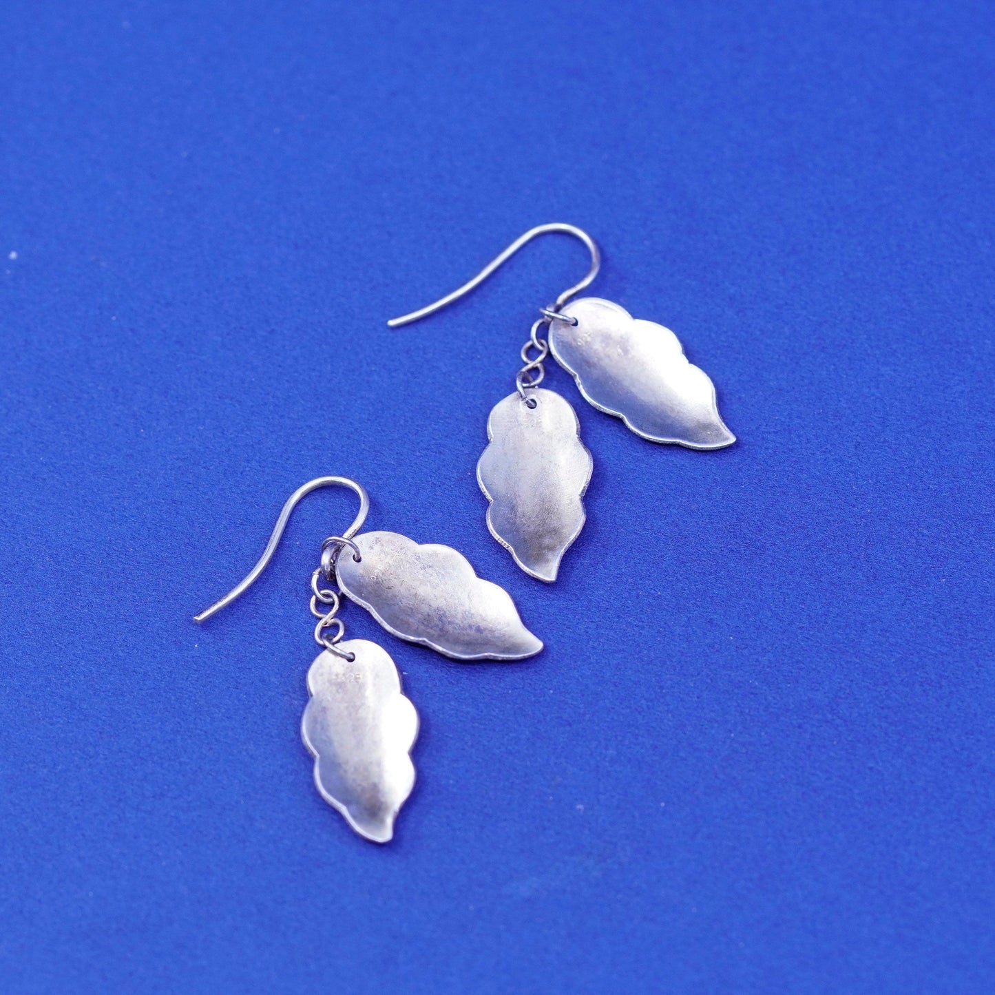 Vintage Sterling 925 silver handmade earrings, blue enamel leaves