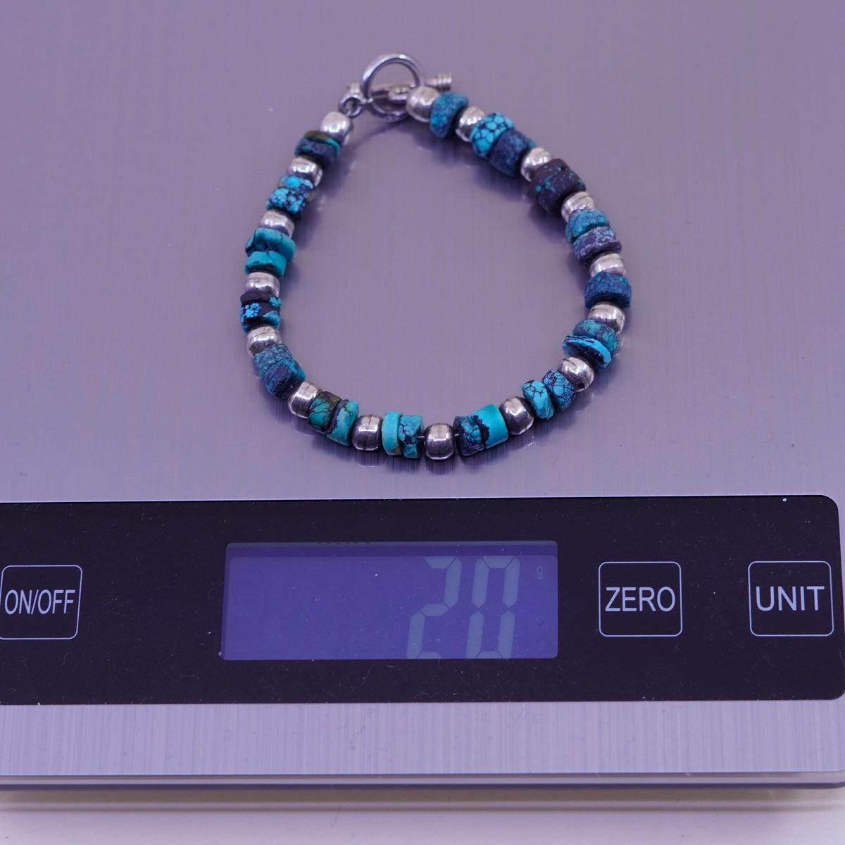 7”, Native American Sterling 925 silver heishi bracelet spiderweb turquoise