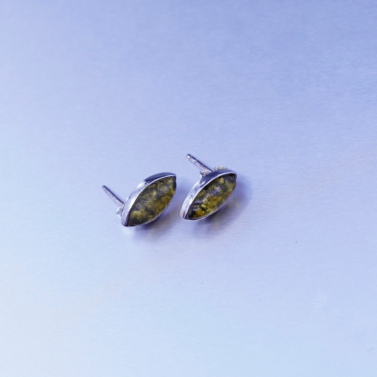 Vintage Sterling 925 silver handmade earrings, Marquise amber studs