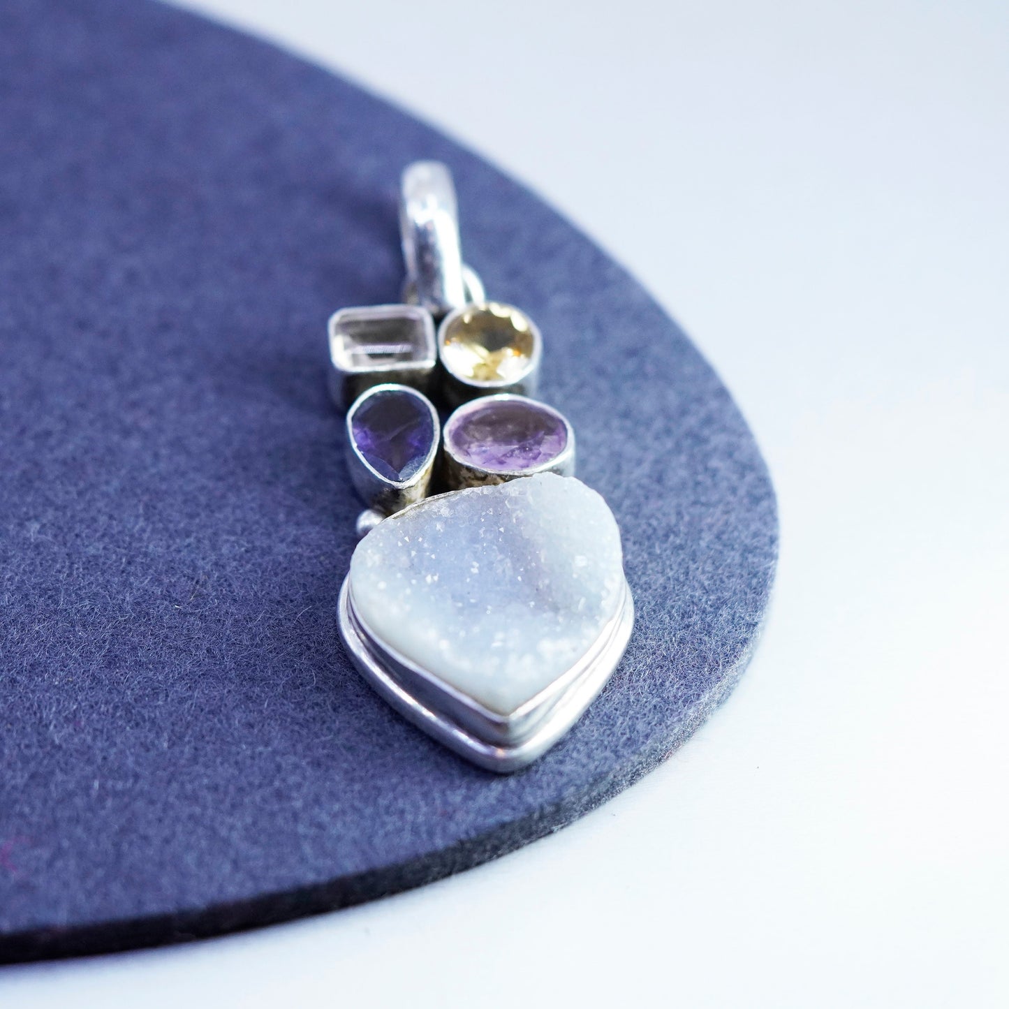 Mexico sterling 925 silver teardrop pendant with amethyst citrine clear druzy
