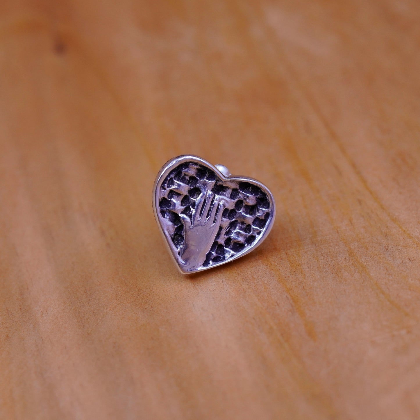 Vintage Sterling silver handmade earrings, 925 heart studs embossed hand