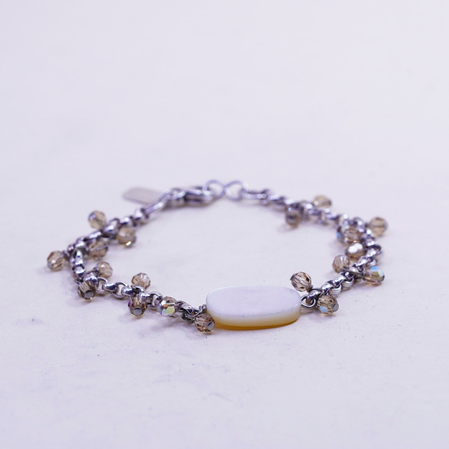 6.75”, Vintage KALAN sterling silver bracelet, 925 circle chain crystal charms
