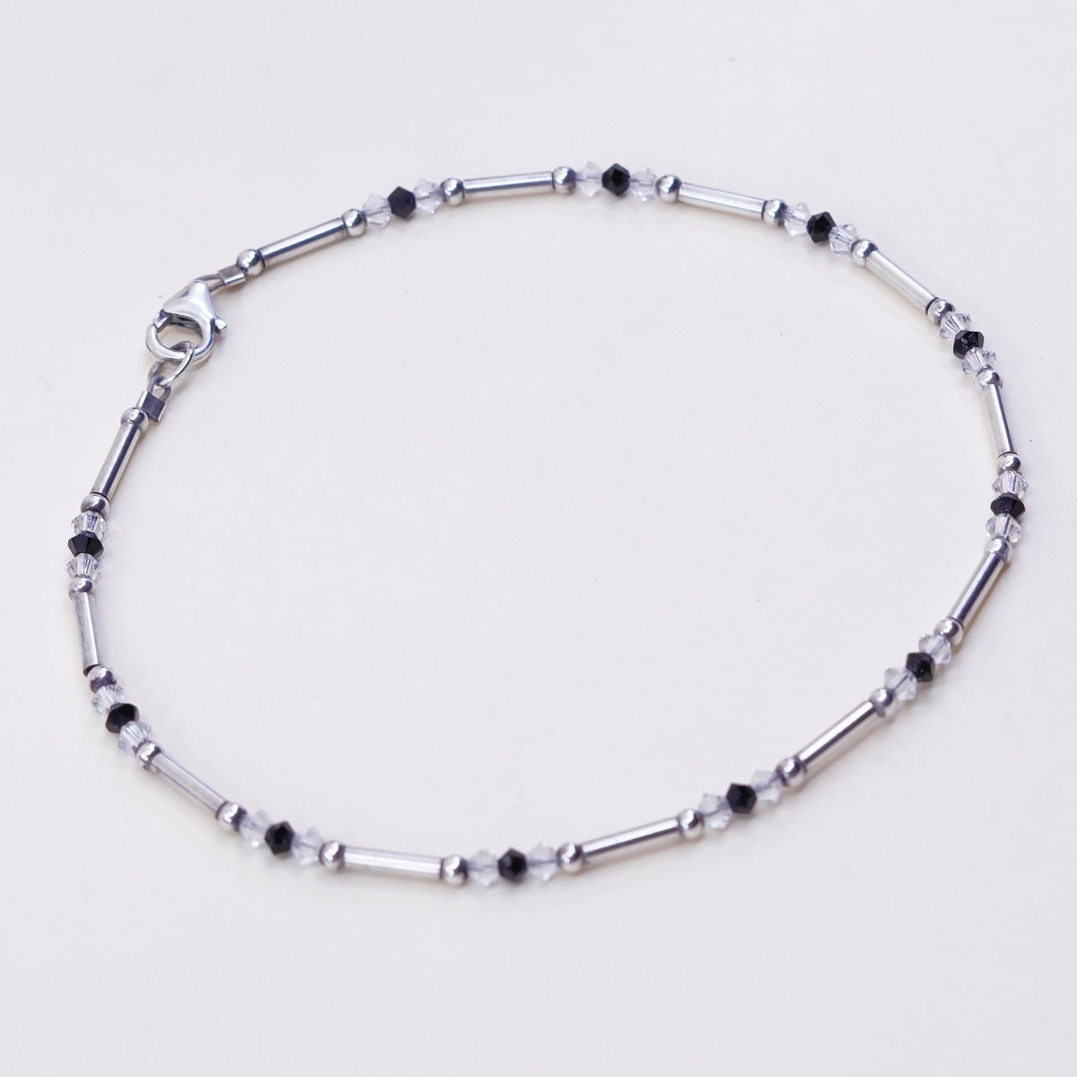 9.75”, vtg Handmade sterling silver anklet, 925 bar chain with crystal beads