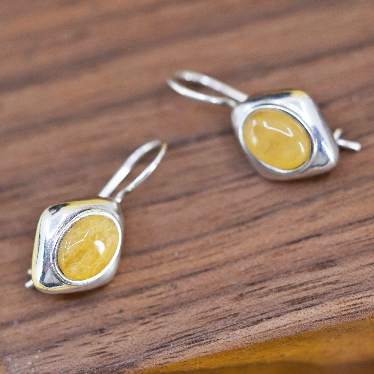 Vintage sterling 925 silver handmade earrings with oval citrine