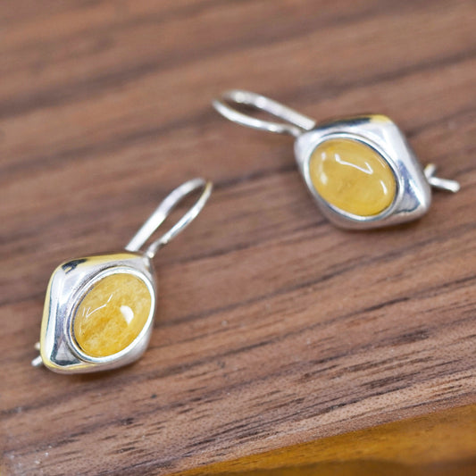 Vintage sterling 925 silver handmade earrings with oval citrine