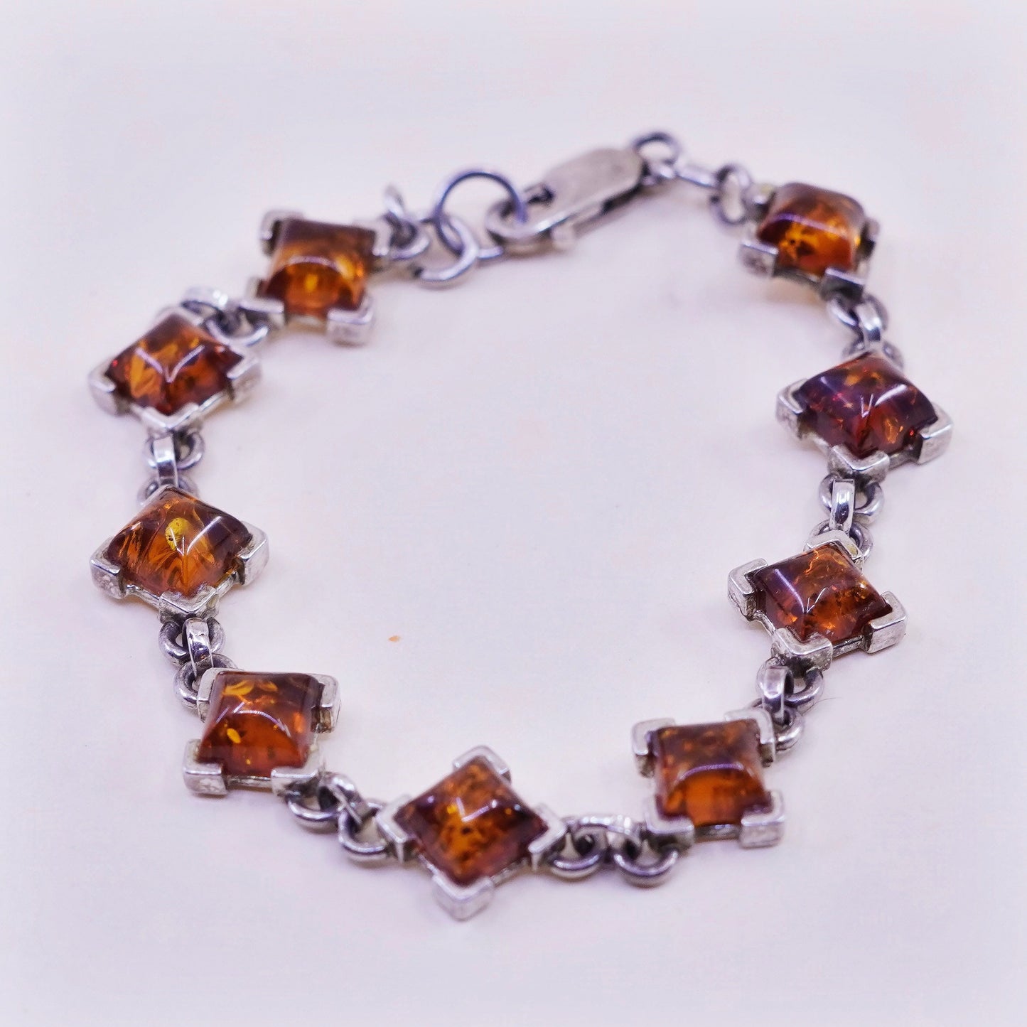 6.5”, Vintage sterling 925 silver handmade tennis bracelet with square amber
