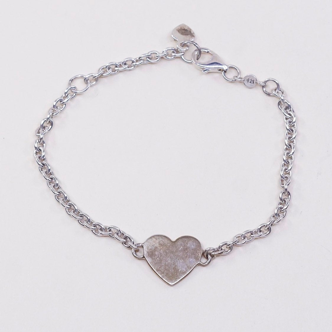 6.25”, 2mm, VTG sterling silver handmade bracelet, Circle w/ heart charm