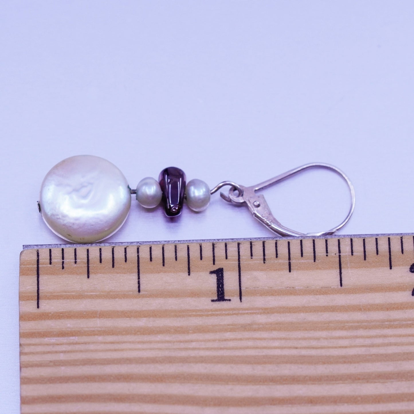 Vintage Sterling 925 silver handmade earrings freshwater coin pearl garnet