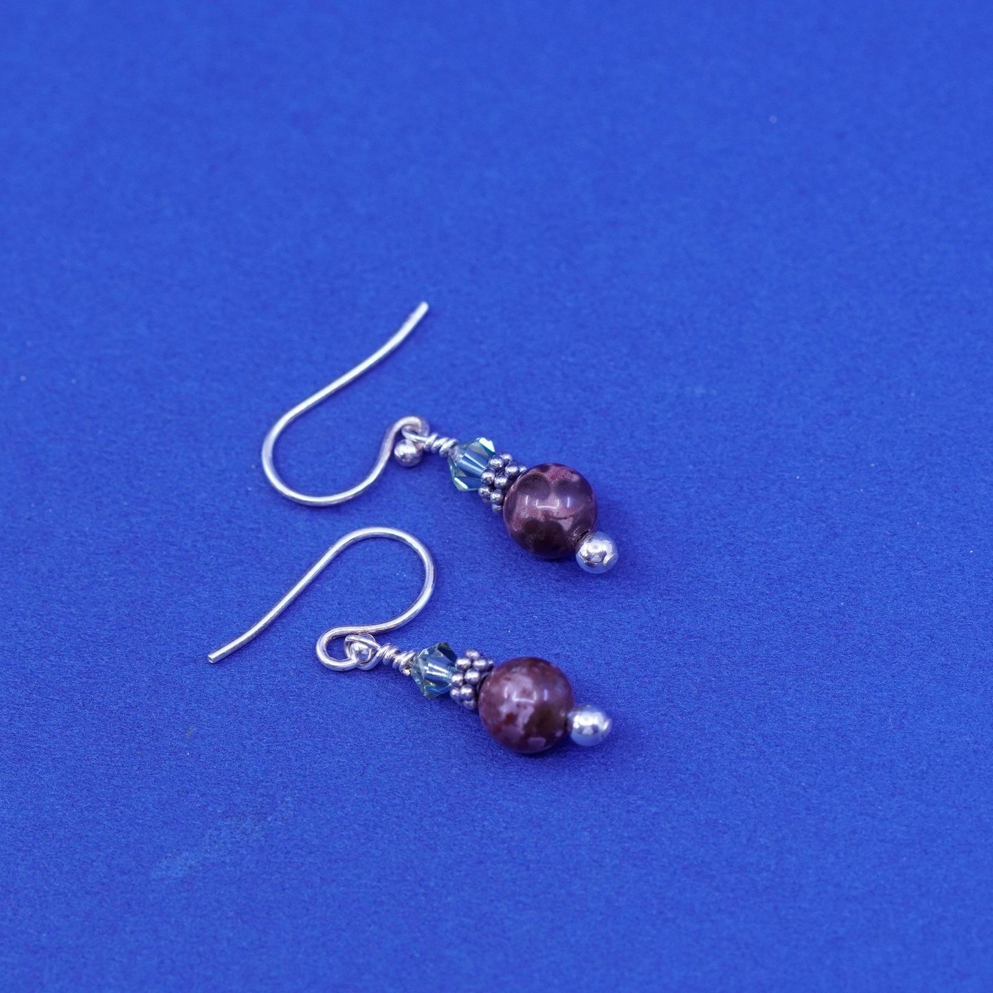Vintage Sterling silver handmade stud earrings, 925 hooks with jasper beads