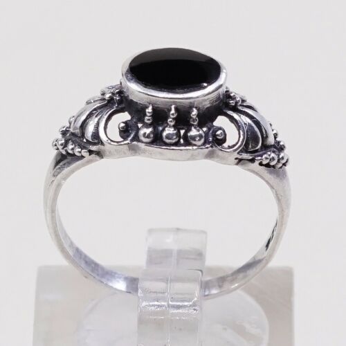 Sz 7.25, Vtg Sterling Silver Handmade Ring, 925 Band W/ Oval obsidian N Beads