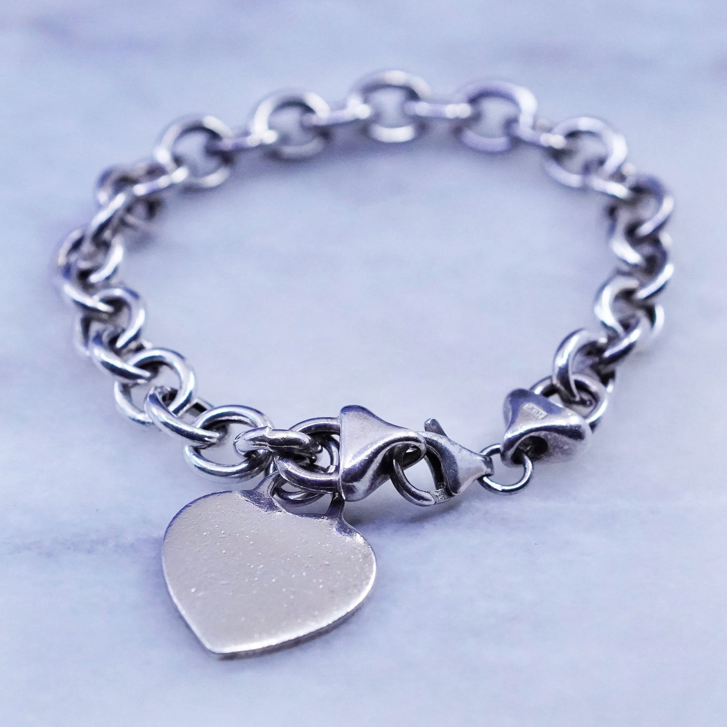 7”, vtg Italy Sterling silver handmade bracelet, 925 circle chain heart charm