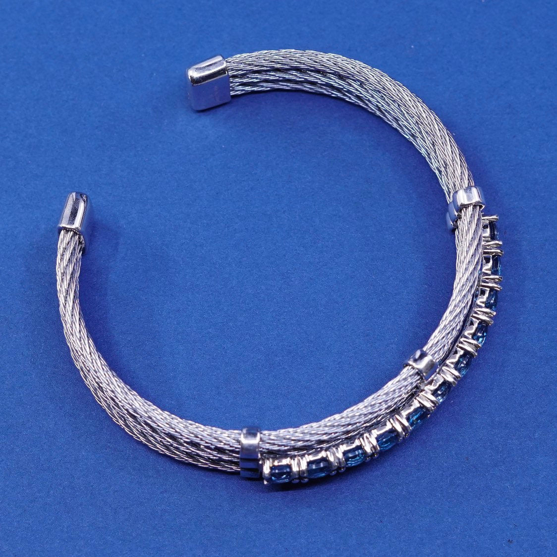 7.5", vtg Sterling silver handmade bracelet, gold over 925 w/ cable N topaz