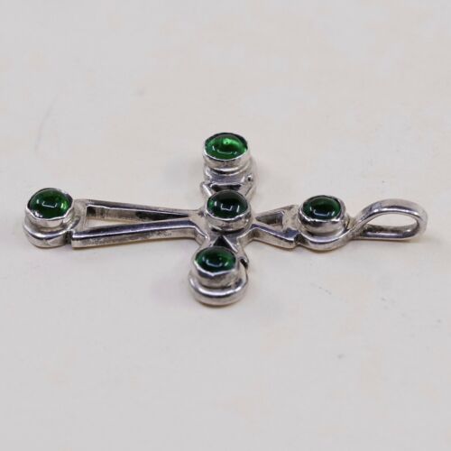 Vintage Sterling Silver Handmade Pendant, 925 silver cross w/ Green Glass