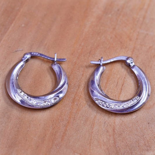 0.75”, Vintage Sterling silver handmade earrings, ribbed 925 hoops with cz