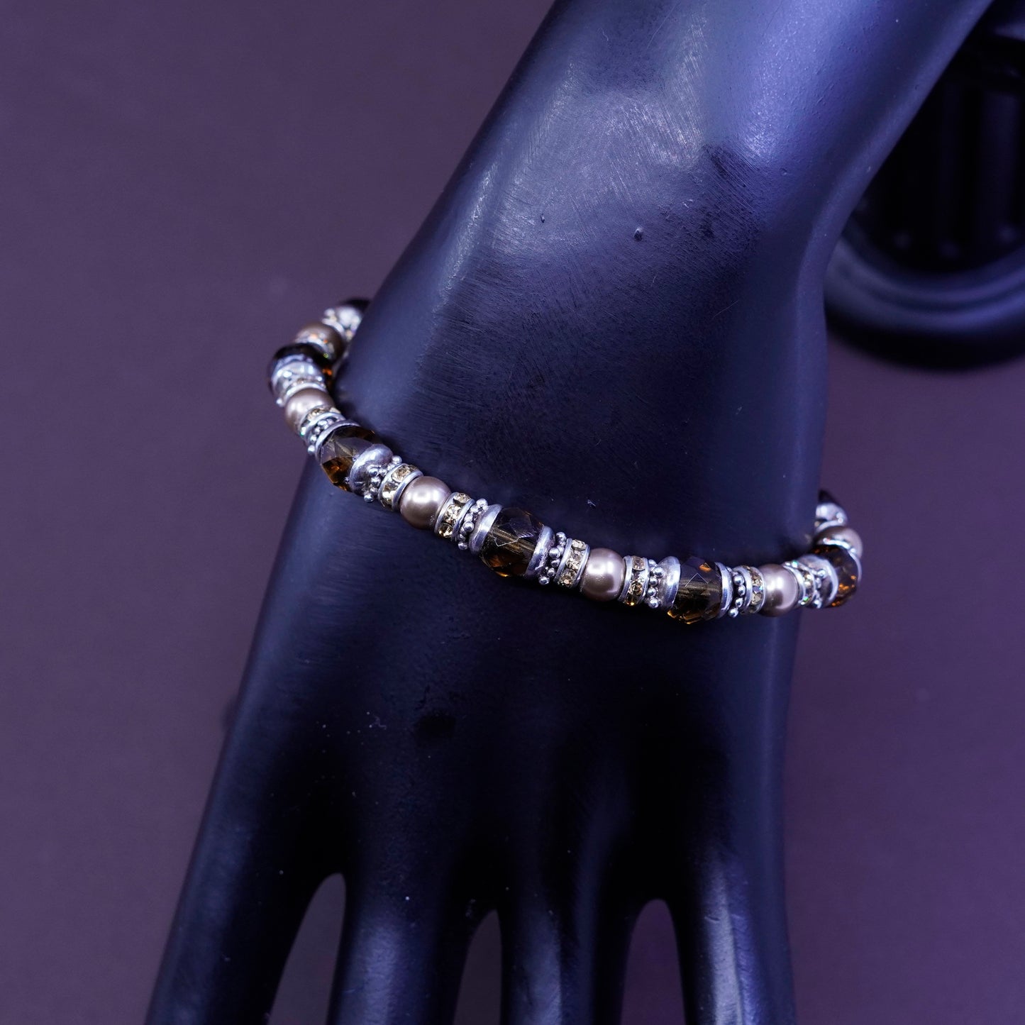 7.25”, Sterling 925 silver beads bracelet with smoky topaz and pearl and Cz