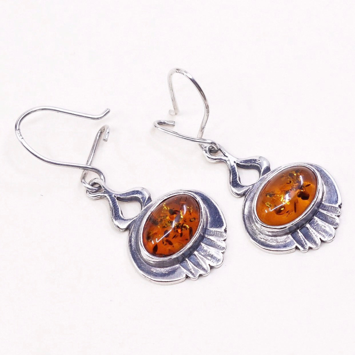 Sterling 925 silver handmade earrings w/ amber inlay, silver tested