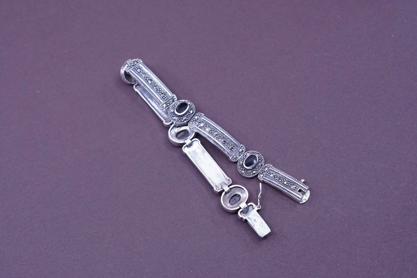 7.25”, Sterling silver bracelet, 925 tennis bracelet w/ marcasite obsidian