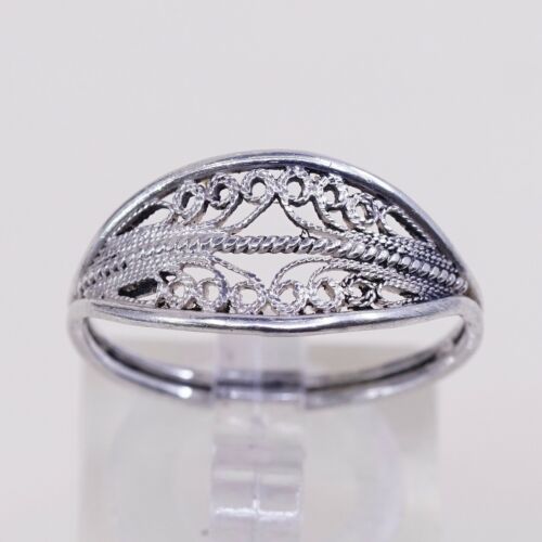 Size 8, Vtg Sterling Silver Handmade Ring, 925 Silver Band W/ Filigree Whirl