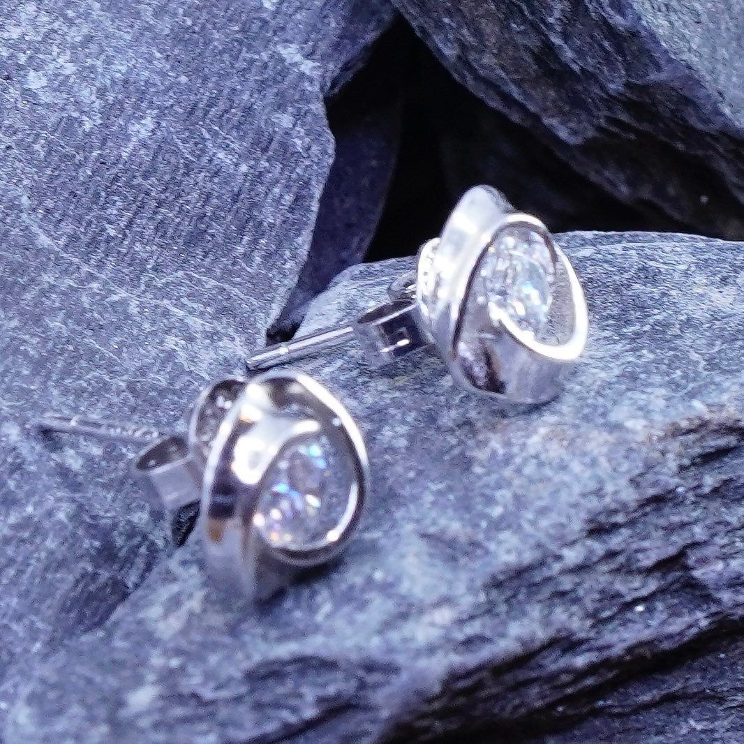 Vintage sterling silver handmade earrings, 925 studs with CZ inlay