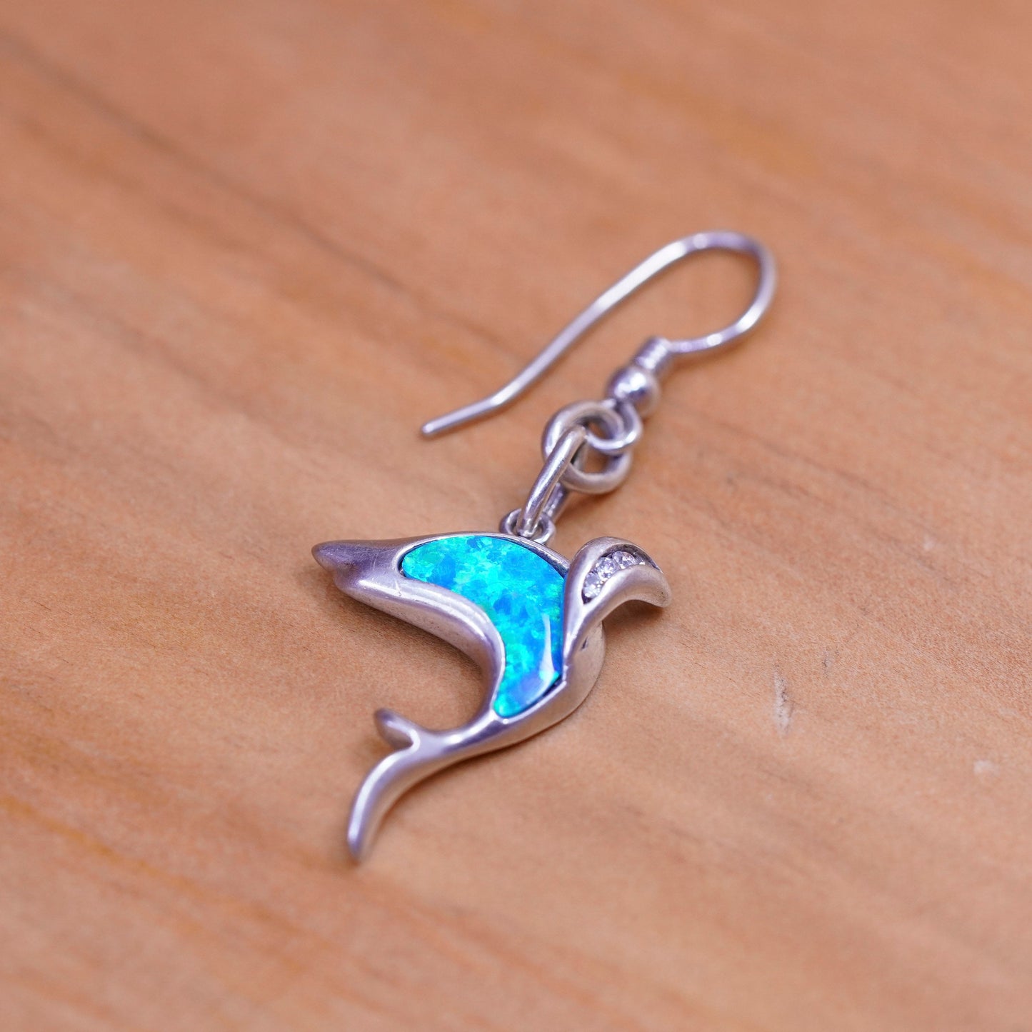 Vintage Sterling 925 silver handmade dolphin earrings with opal inlay