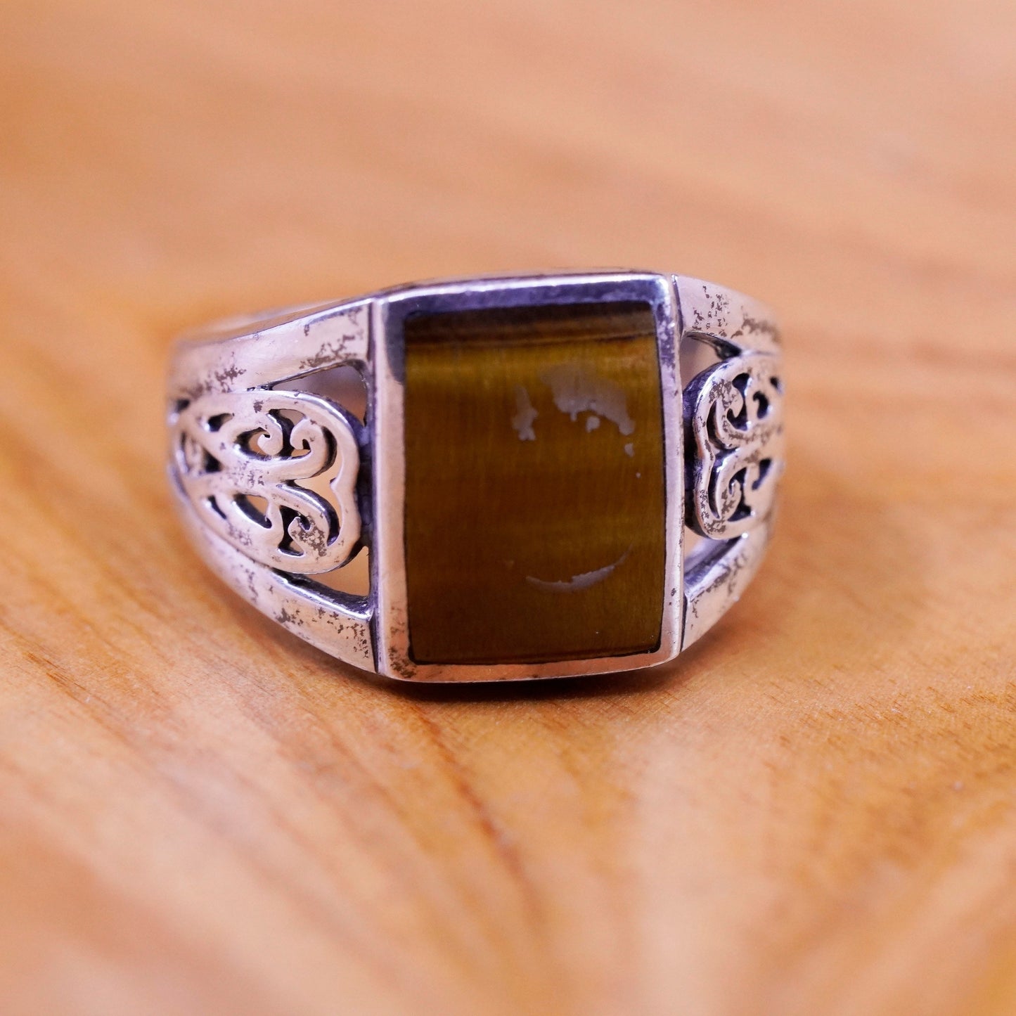 Size 7, vintage Sterling 925 silver handmade ring with square golden tiger eye