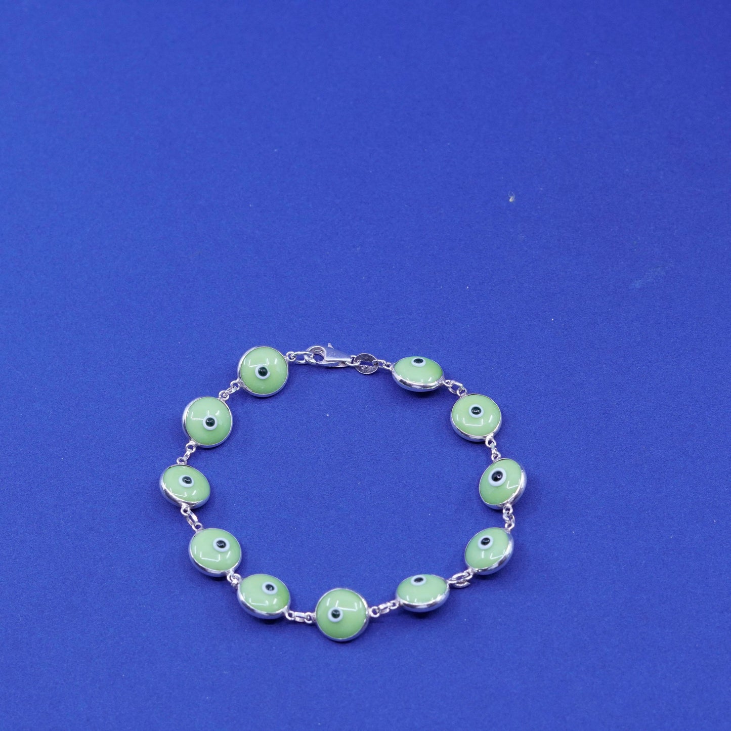 7”, Vintage handmade sterling 925 silver bracelet, green glass evil eye beads